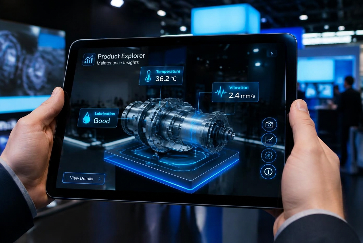 Tablet showing an augmented product model with live labels